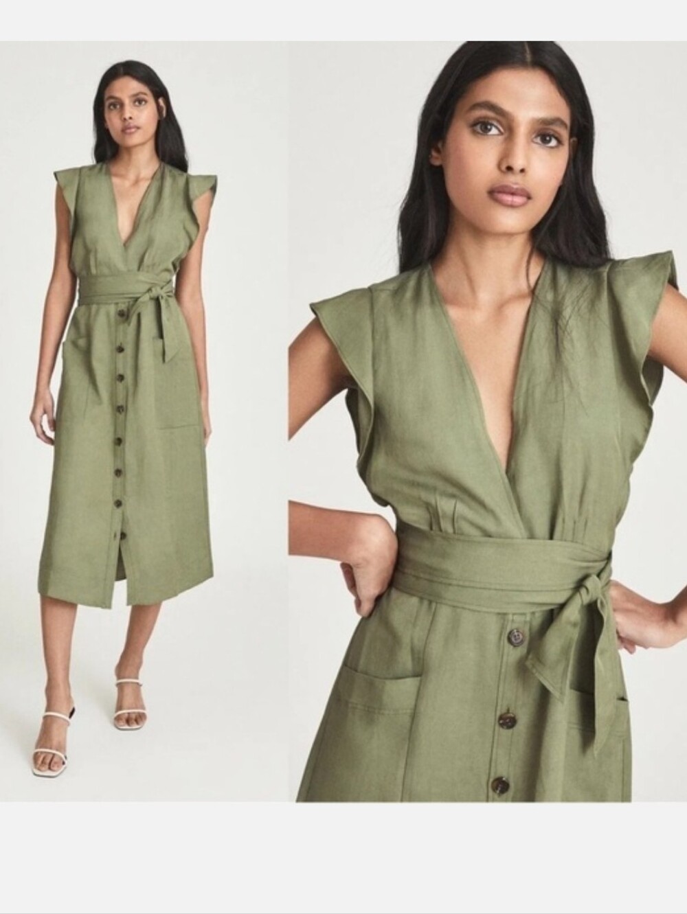 Reiss Olive Green Button-Front Midi Dress - Picture 2 of 12